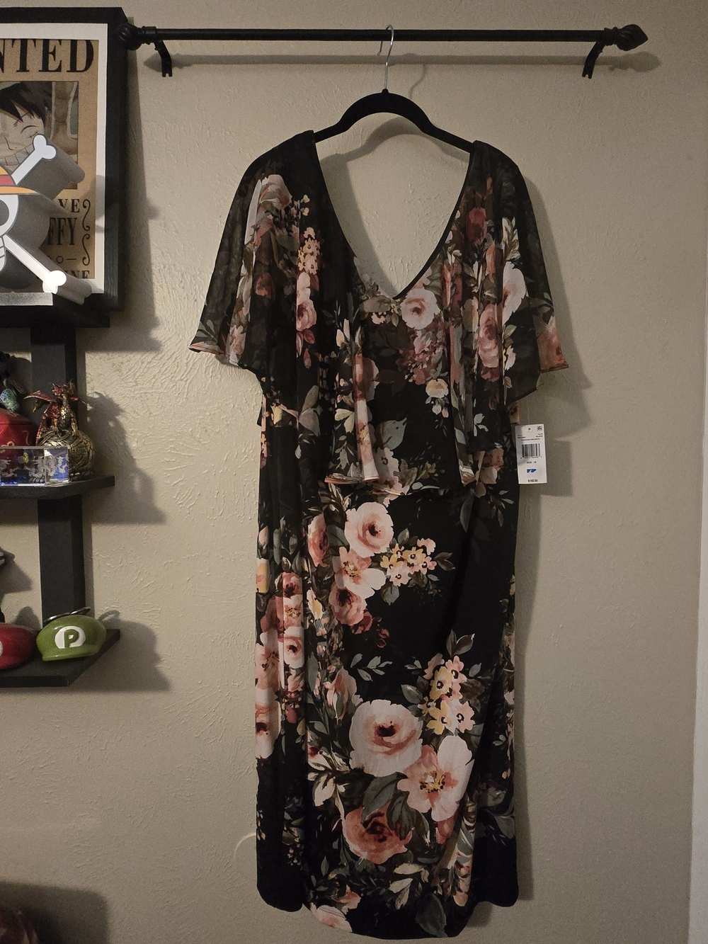Connected Apparel Black Floral Midi Dress with Blush & Cream Blooms